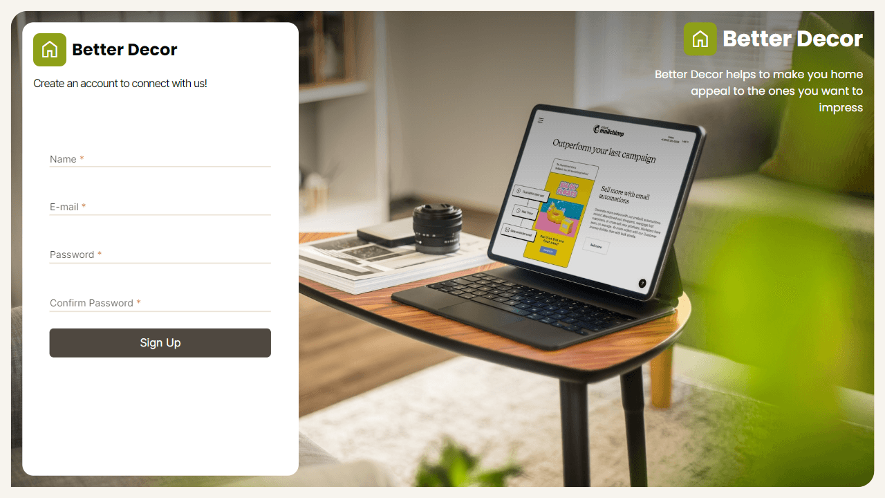 Better Decor Signup Page
